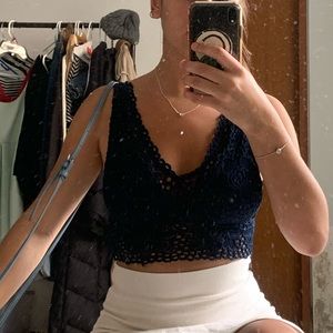 Navy lace-detail crop top